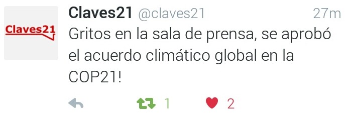 "Hay acuerdo en la COP21!!!". Así lo informó Claves21 en vivo desde la COP21 en París.